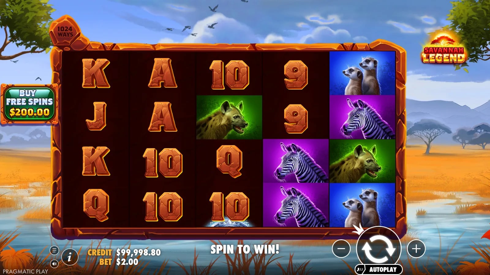 Savannah Legend later official base-game result showing a different five-by-four animal-symbol board, landscape backdrop and all player controls.