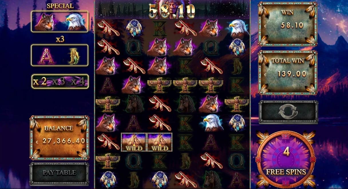 Shaman Song: Expanded bonus reel field with selected-symbol x3 and other active modifier indicators; four Free Spins remain.