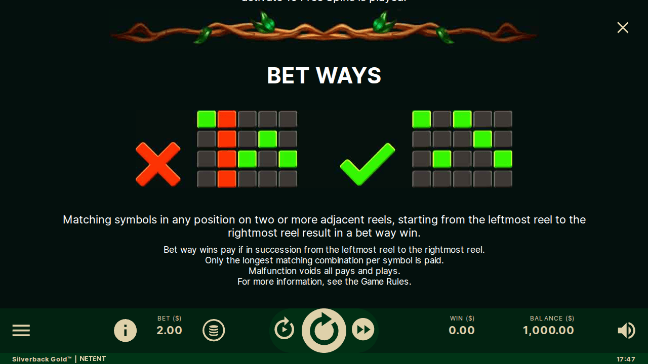 Silverback Gold Bet Ways rules with valid and invalid adjacent-reel examples