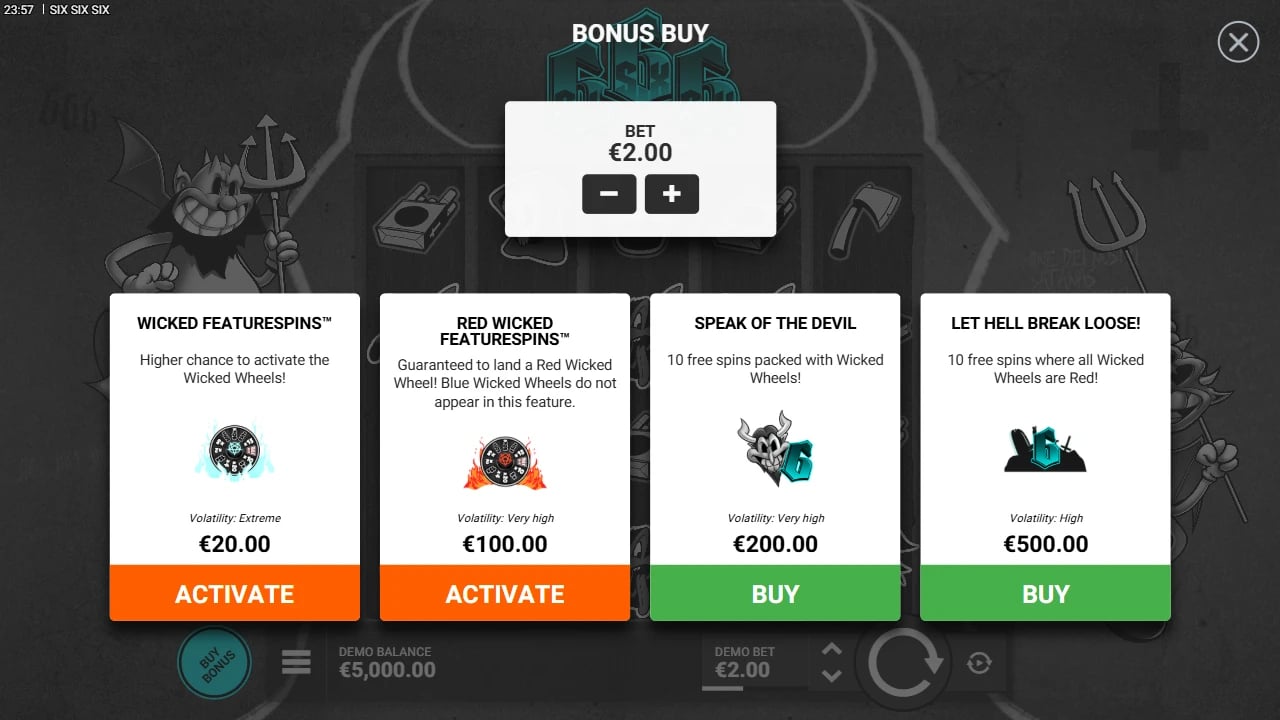 SixSixSix menu showing Wicked, Red Wicked and two bonus-entry options