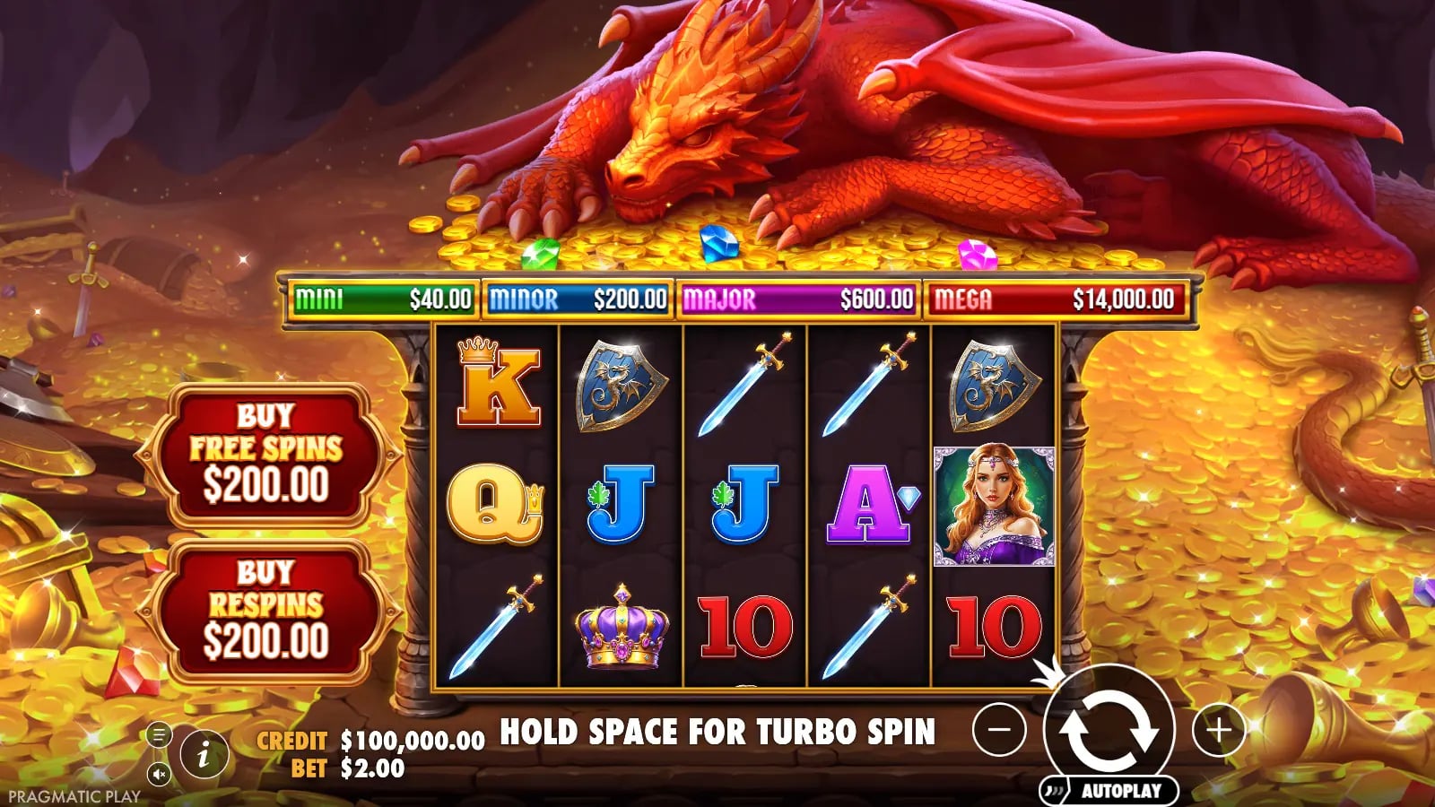 Sleeping Dragon idle five-reel base game beneath a red dragon and four jackpot labels.