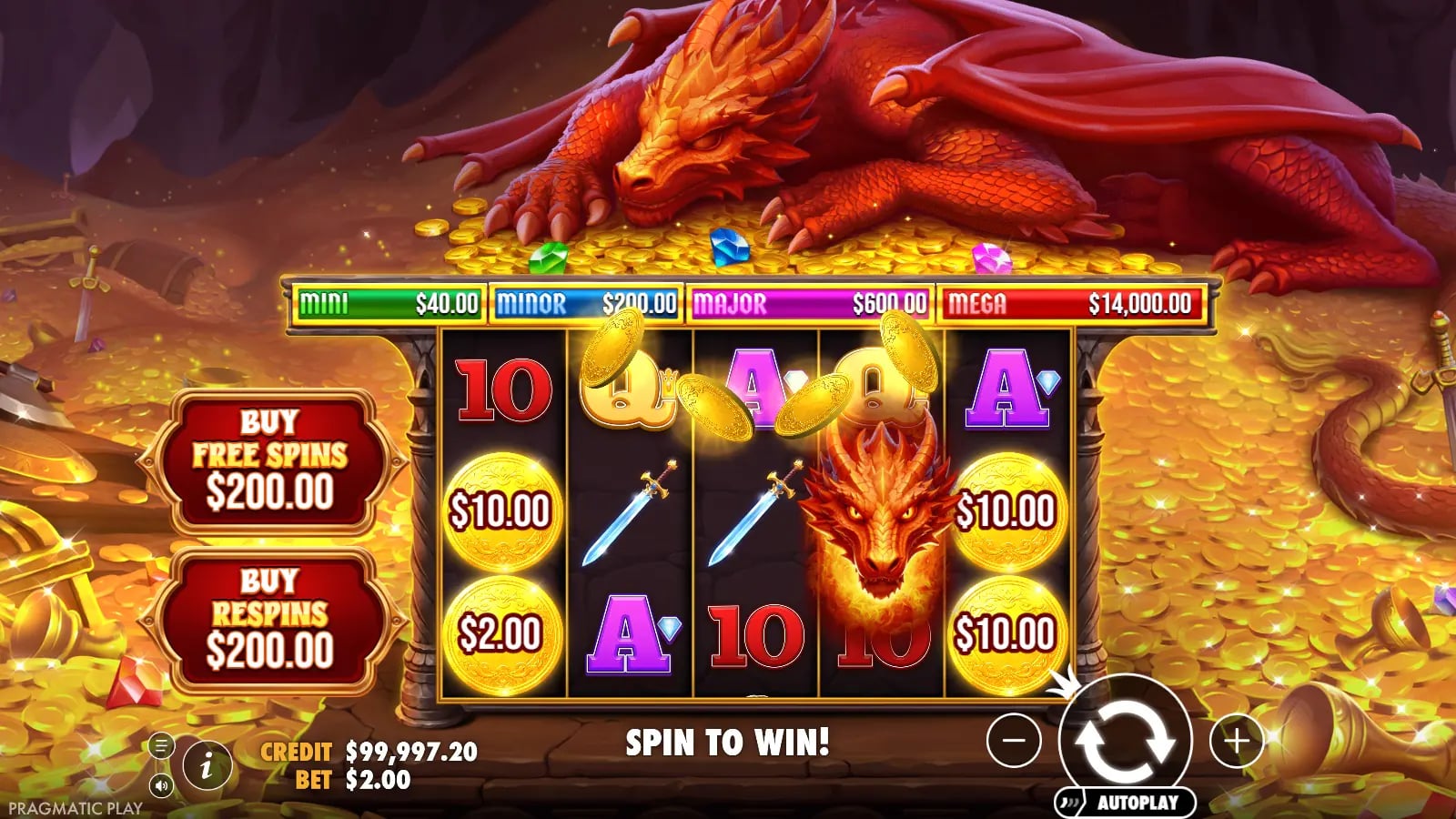Sleeping Dragon base-game spin with visible $10 and $2 Money symbols and a dragon head.