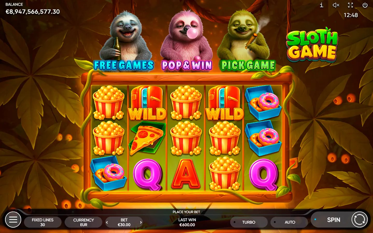 Sloth Game base reels with snack symbols, stacked Wilds and three bonus routes