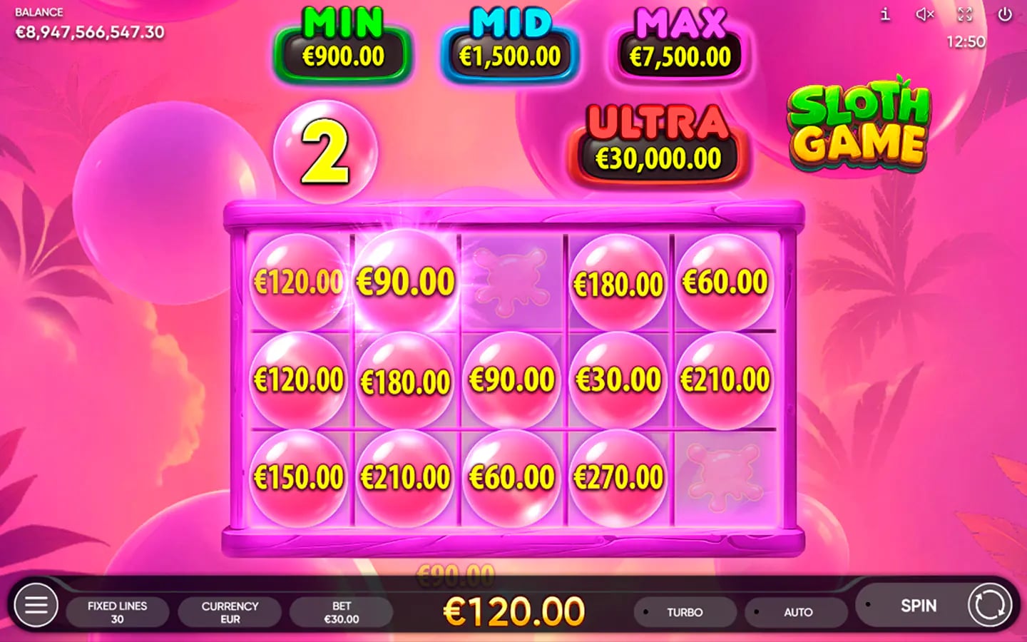 Sloth Game Pop and Win bonus with locked cash values and Min to Ultra jackpots
