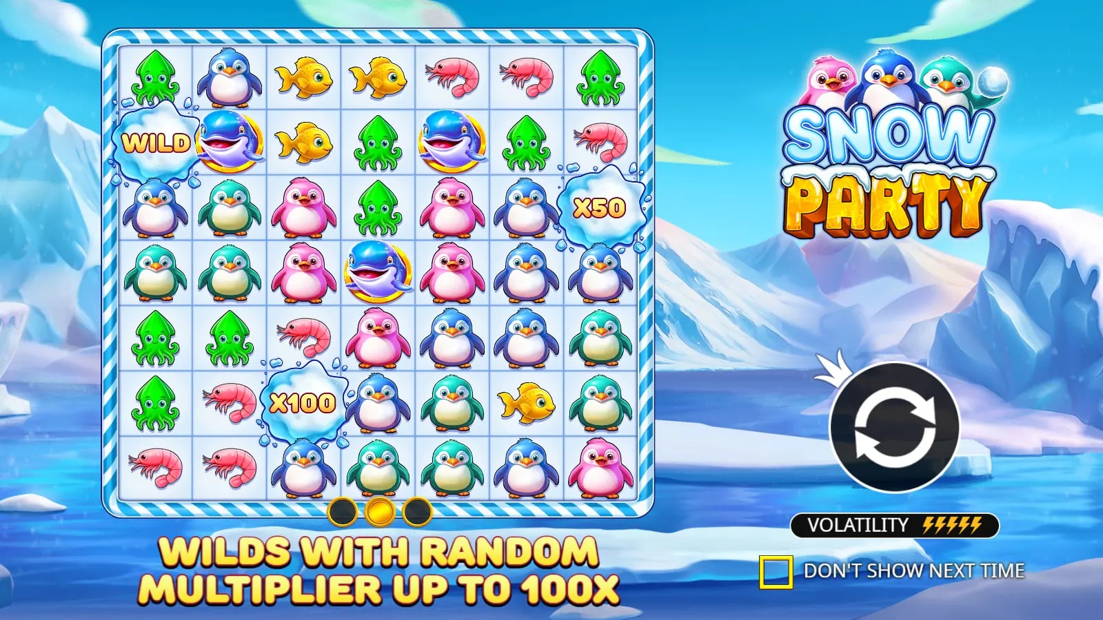 Snow Party illustrated introduction with the icy cluster board and Wild multiplier examples