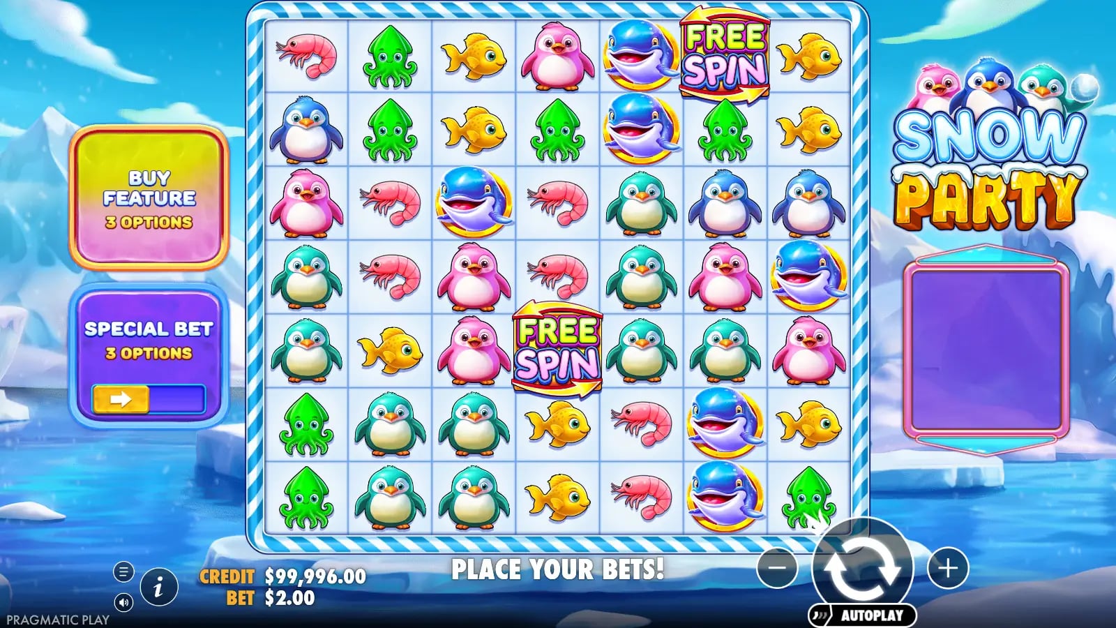 Snow Party ordinary seven-by-seven board with two visible Free Spins symbols