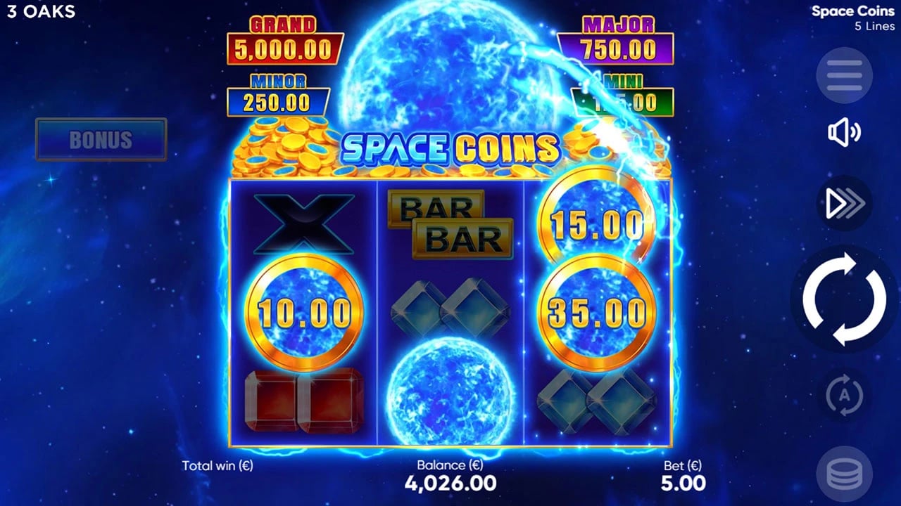 Space Coins: Blue Orb between Bonus coins on both sides