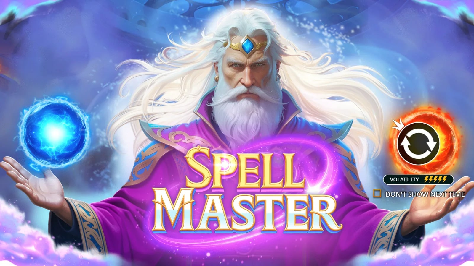 Spellmaster illustrated demo introduction with a wizard and blue-orange spell effects