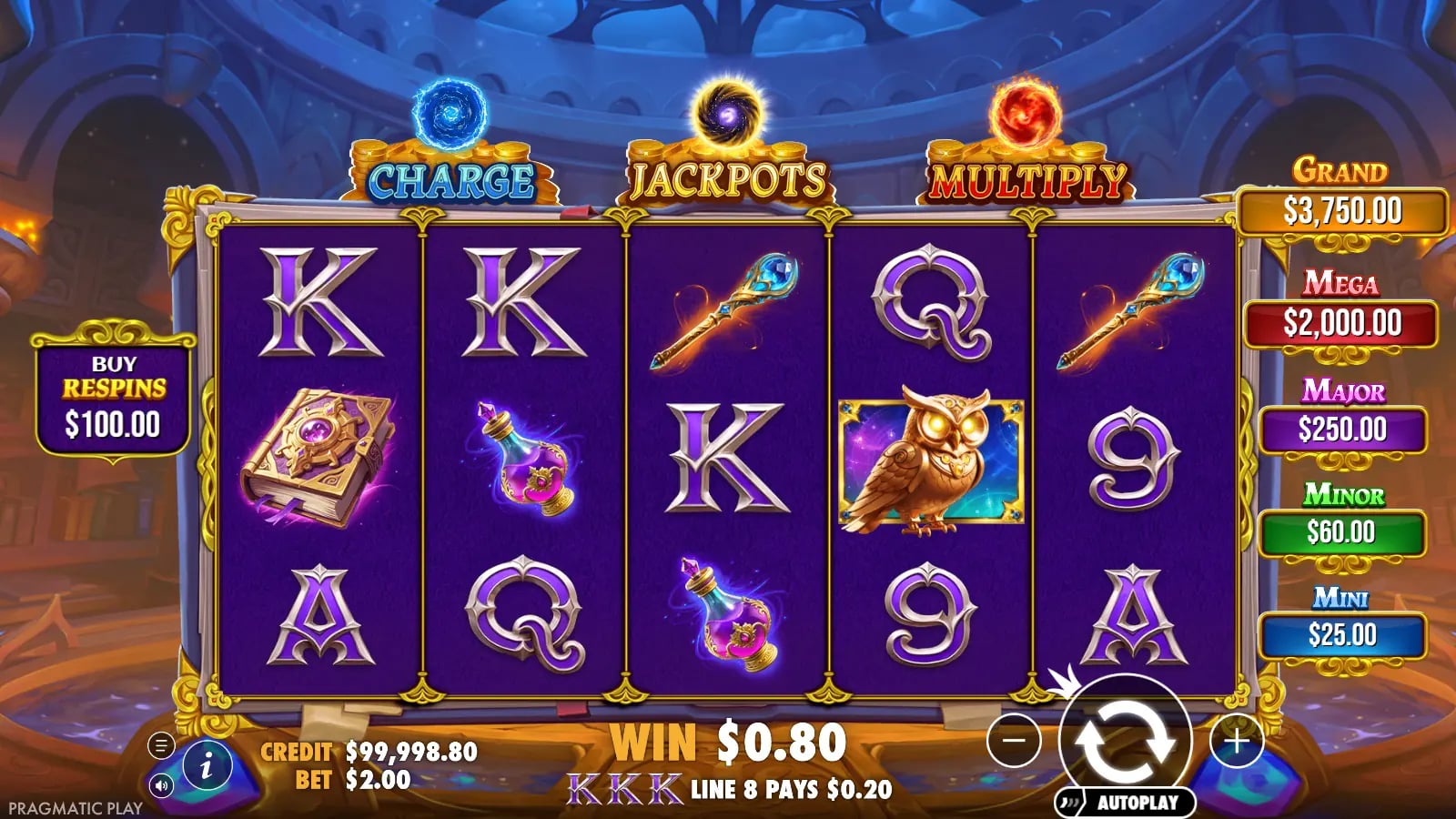Spellmaster ordinary five-reel board with orb meters and jackpot tiers