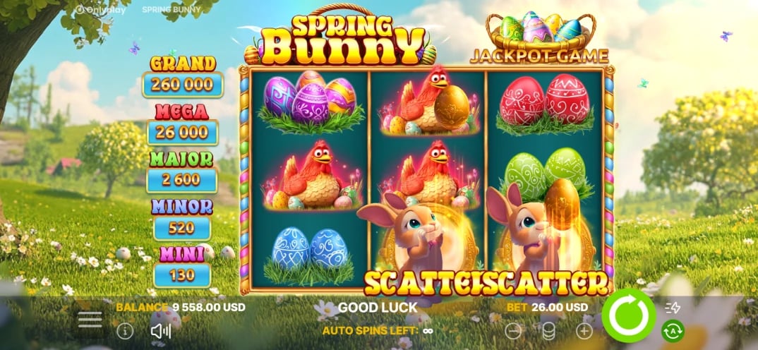 Spring Bunny: Unobstructed daytime 3×3 fruit-and-bunny reels with the five jackpot labels at the left.