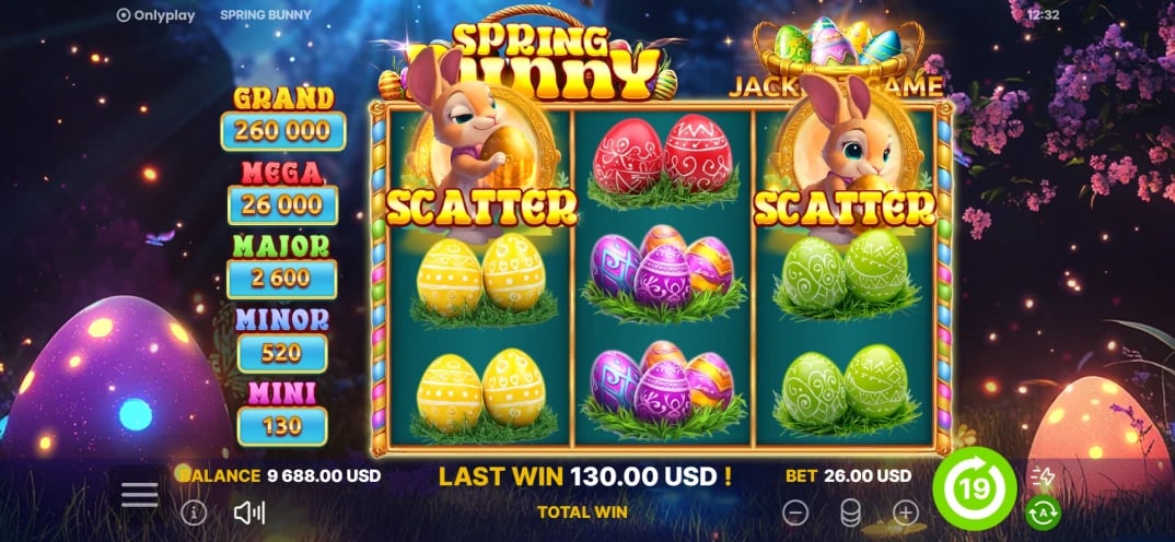 Spring Bunny: Night-time free-spin reels with 19 spins remaining.