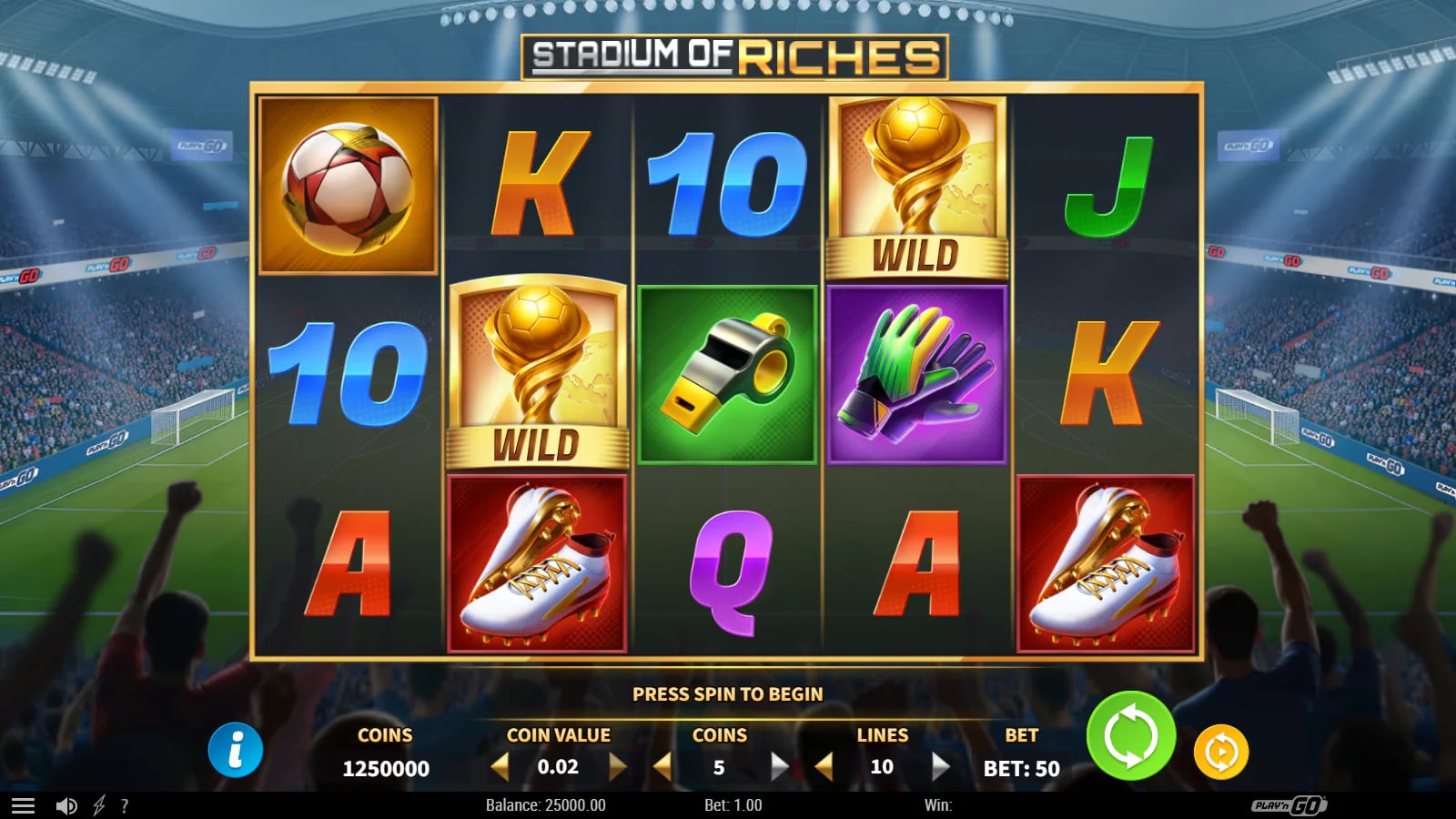 Stadium of Riches opening five-reel board with two Trophy Wilds and 10 lines