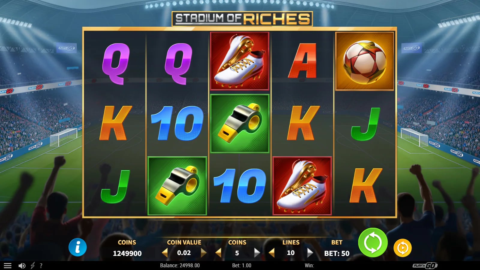 Later Stadium of Riches ordinary board with football and 24,998.00 balance