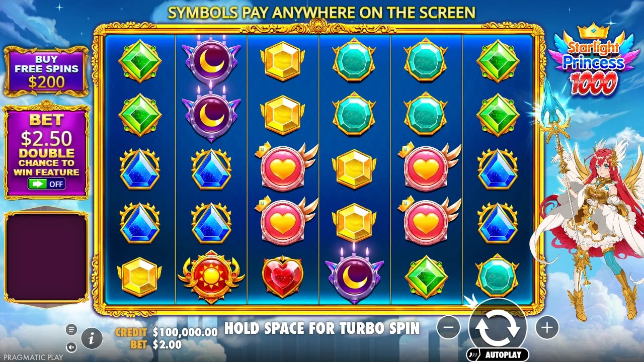 Starlight Princess 1000 six-reel board with gems and Princess artwork