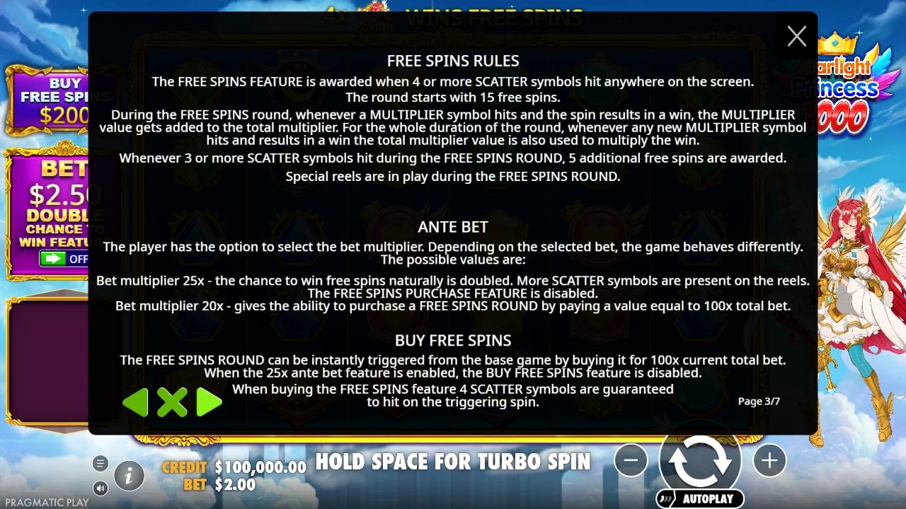 Starlight Princess rules for Free Spins, Ante Bet and the 100× buy