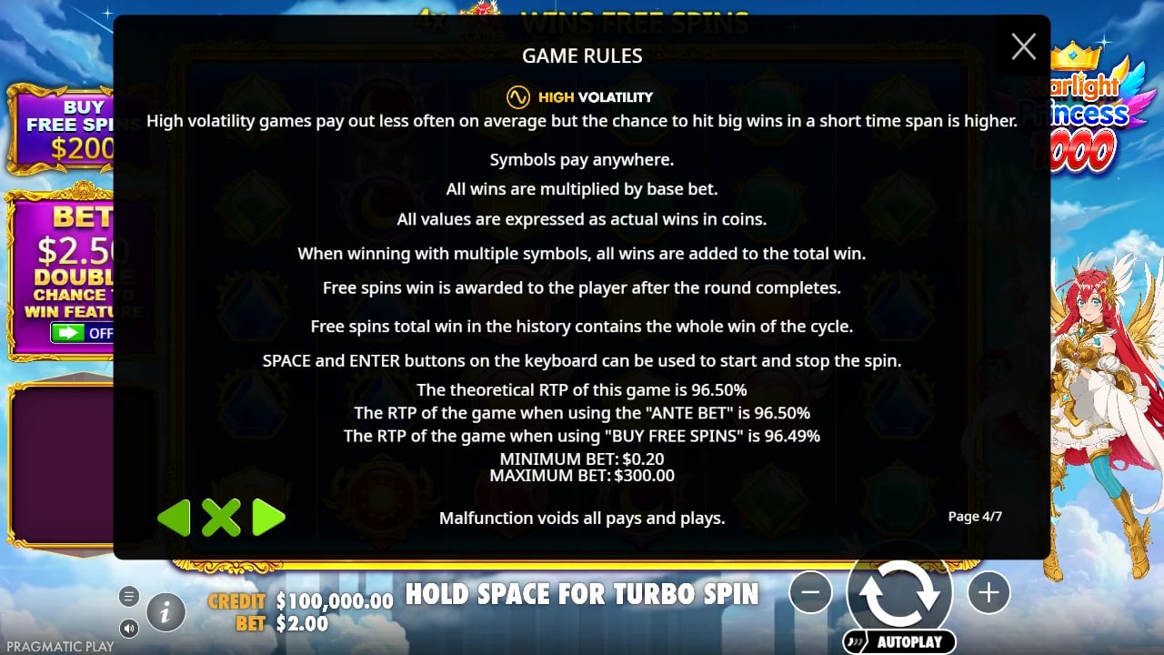 Starlight Info panel listing high volatility, mode RTPs and bet limits