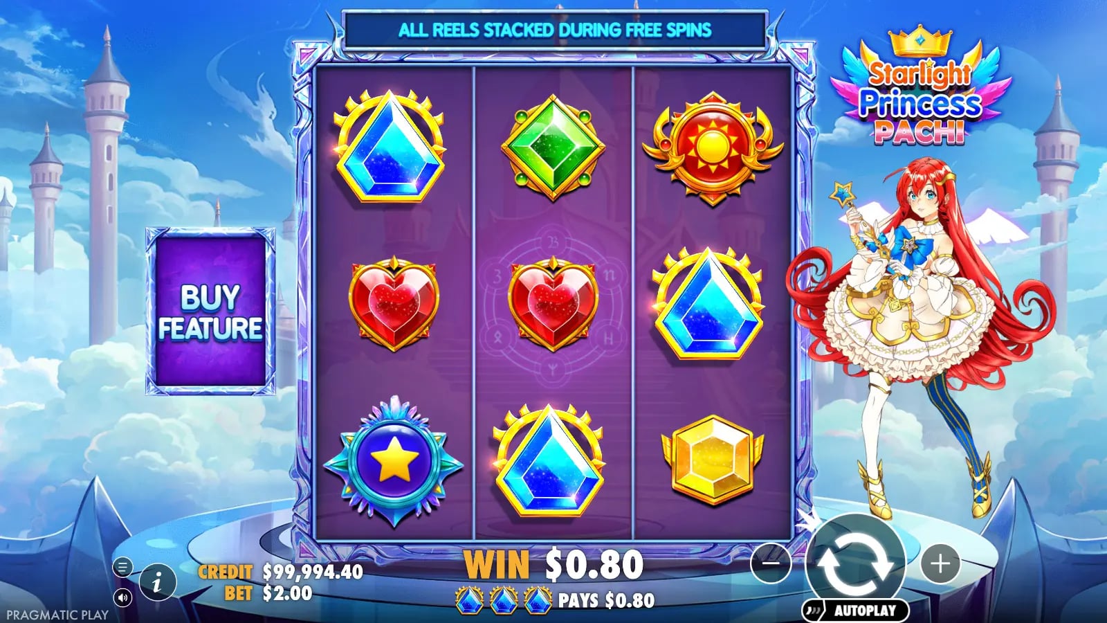 Starlight Princess Pachi later base-game result with a blue-gem win, three-by-three reels and Buy Feature control.