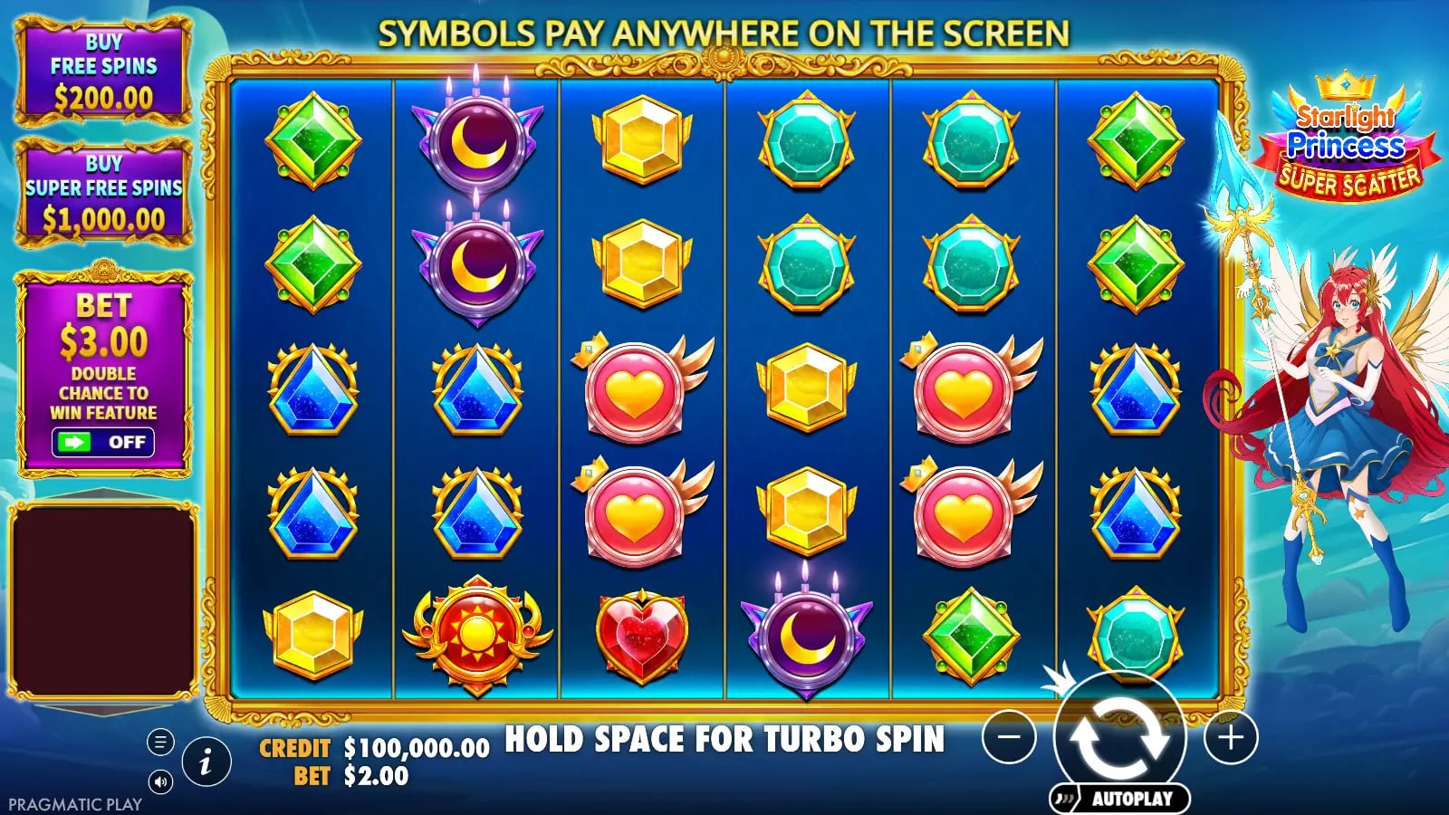 Starlight Princess Super Scatter ordinary base screen with the princess beside six gem-filled reels