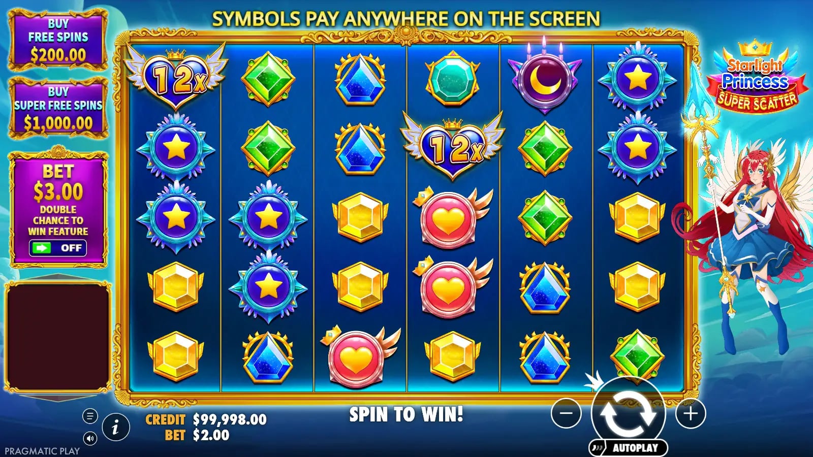 Starlight Princess Super Scatter base-game result with two visible 12x heart multipliers