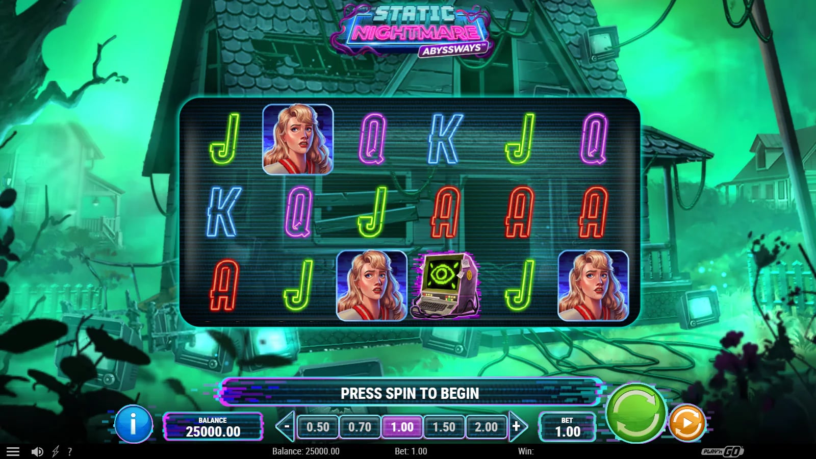 Static Nightmare Abyssways official demo opening on a six-column neon horror slot board