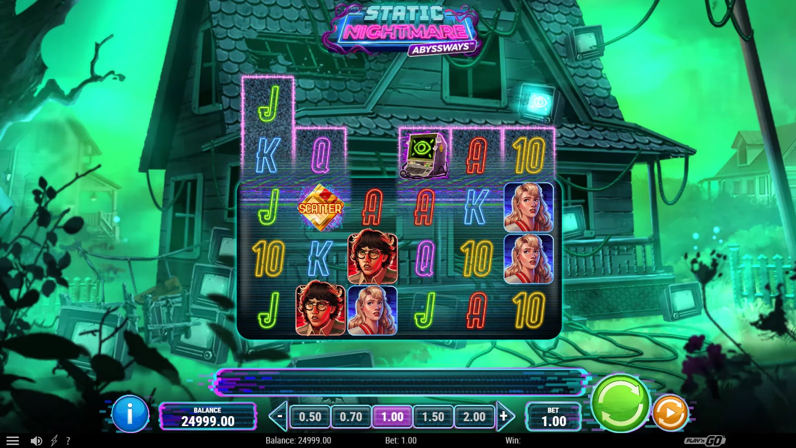 One Scatter on the second reel with taller outlined positions in Static Nightmare Abyssways