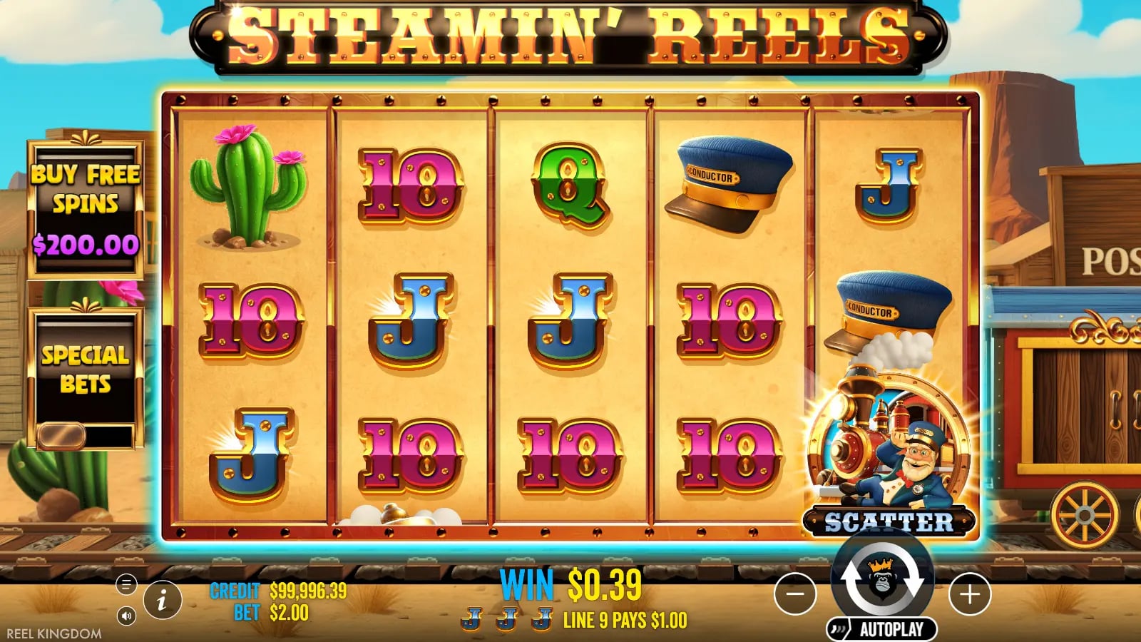 Steamin' Reels base spin with scatters and the signalman feature intervention