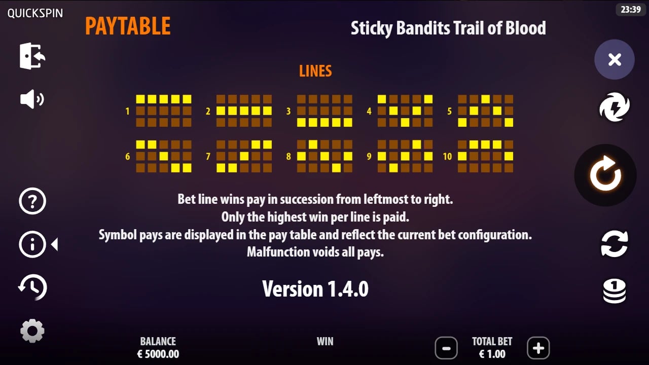 Trail of Blood paytable showing the ten fixed line paths and version 1.4.0