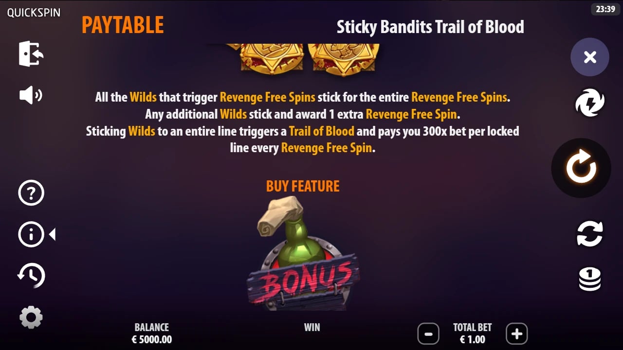 Trail of Blood paytable describing sticky Wilds and the 300× recurring line award