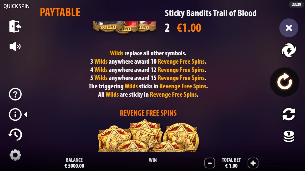 Trail of Blood paytable listing ten, twelve and fifteen starting Free Spins