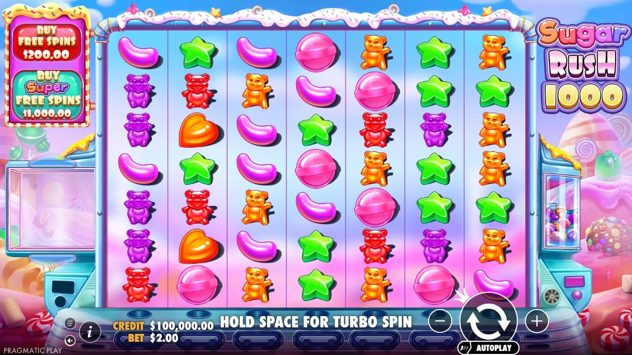 Sugar Rush 1000 seven-by-seven candy grid with buy controls