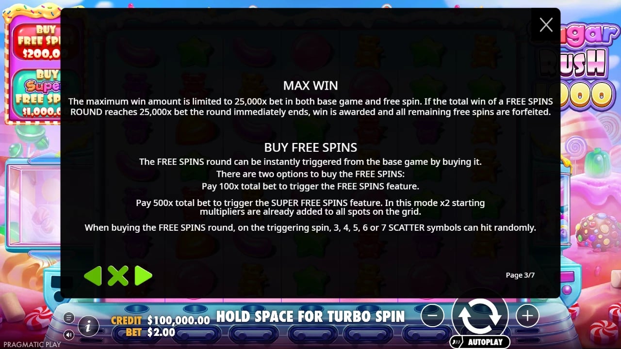 Sugar Rush rules for the 100× and 500× feature purchases