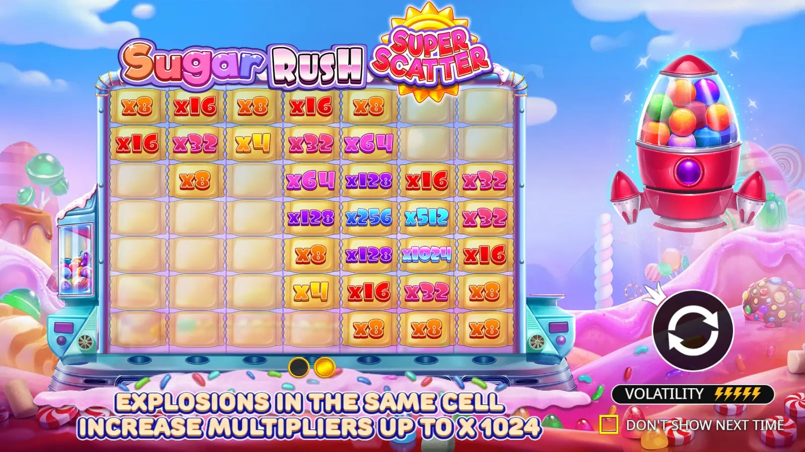 Sugar Rush Super Scatter official demo opening across the bright 7x7 candy cluster grid