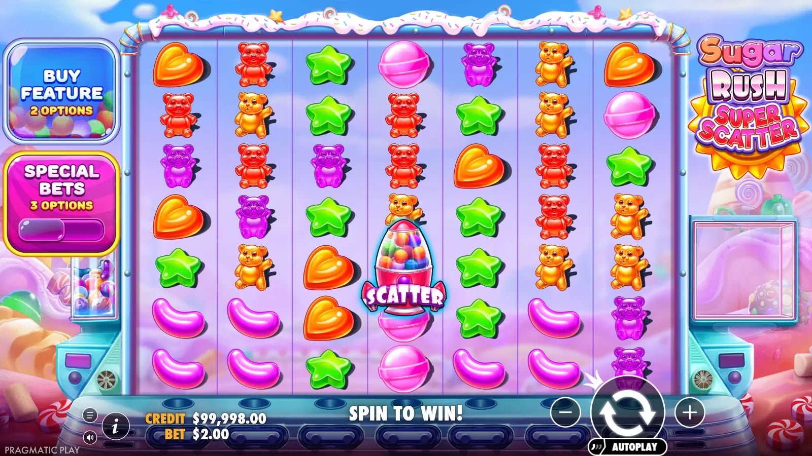 Sugar Rush Super Scatter base game showing gummy bears, hearts and stars in adjacent clusters