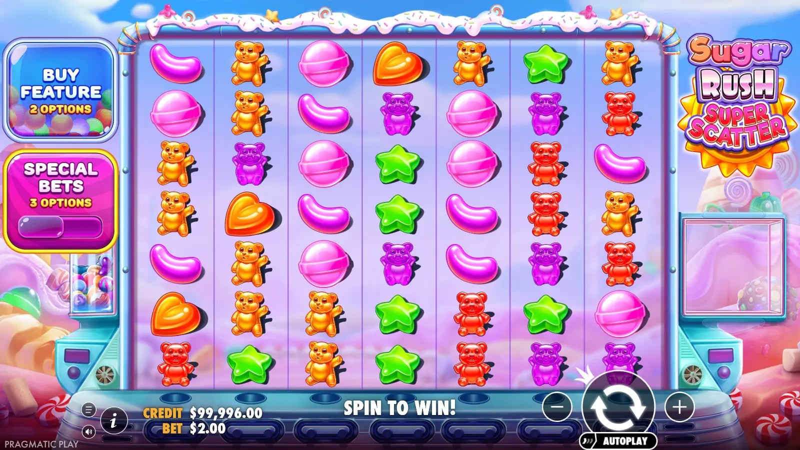 Sugar Rush Super Scatter settled grid with virtual balance, bet amount and spin control visible