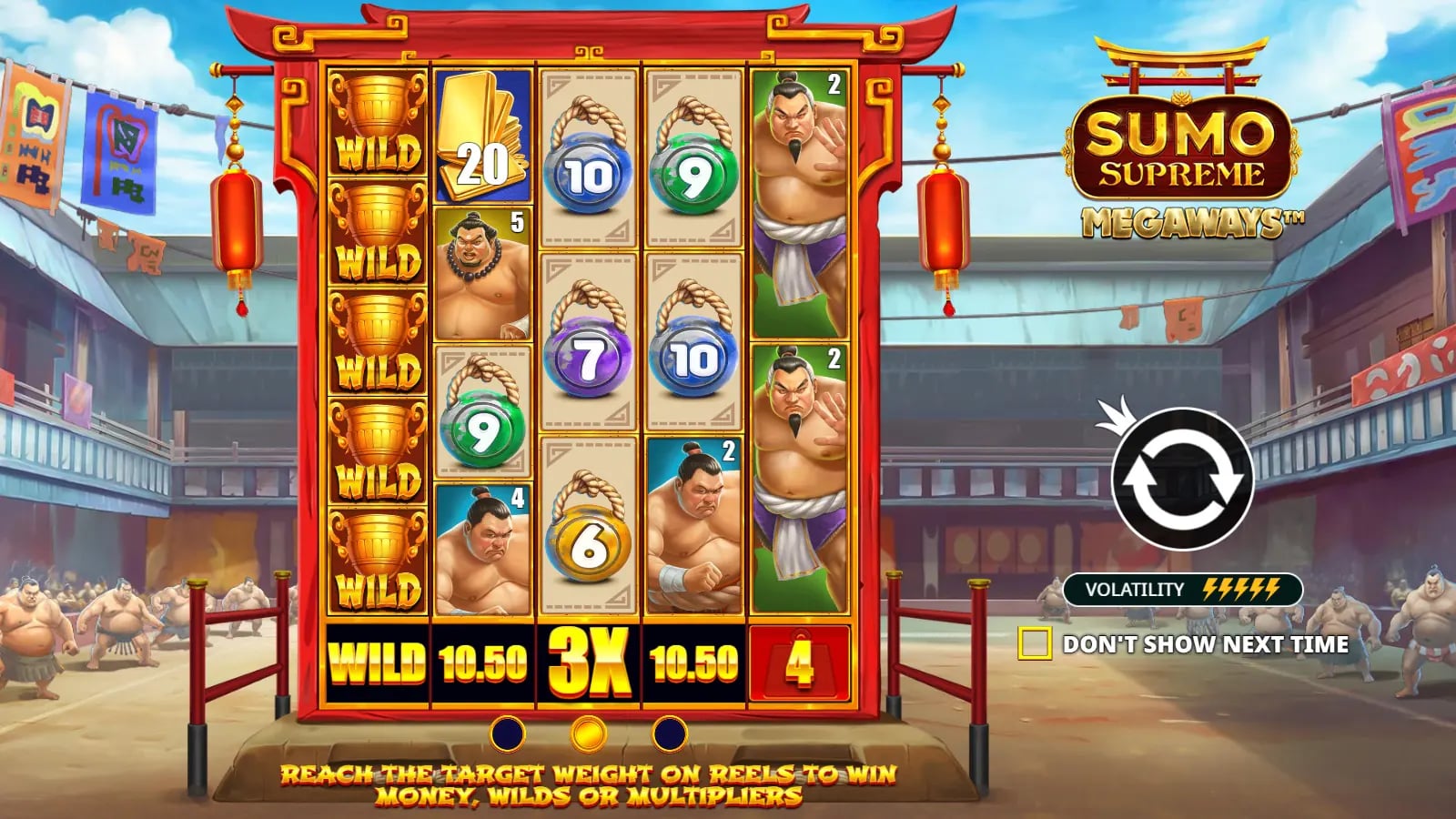Sumo Supreme Megaways official demo showing the full arena and variable five-reel board