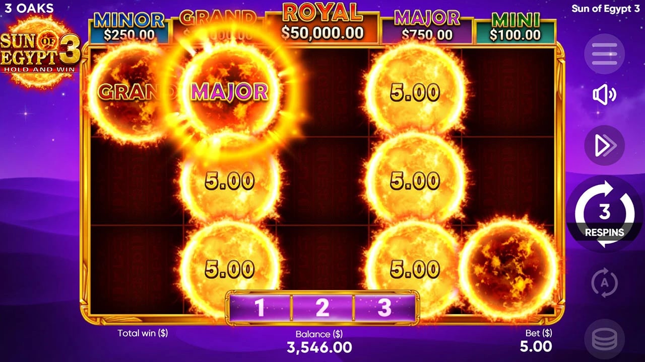 Sun of Egypt 3: Sun values and jackpot labels in the bonus