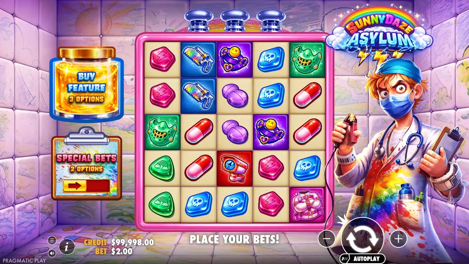 Sunnydaze Asylum base-game tumble with medicine symbols, a 1.24-credit win and all five reels visible