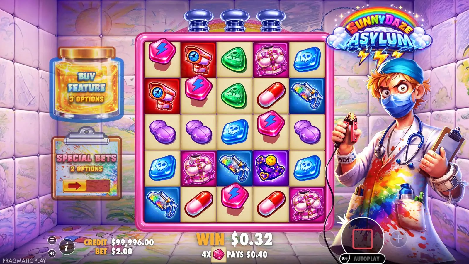 Sunnydaze Asylum settled 5x5 tumble after symbols have cleared, with a 2.40-credit running win displayed