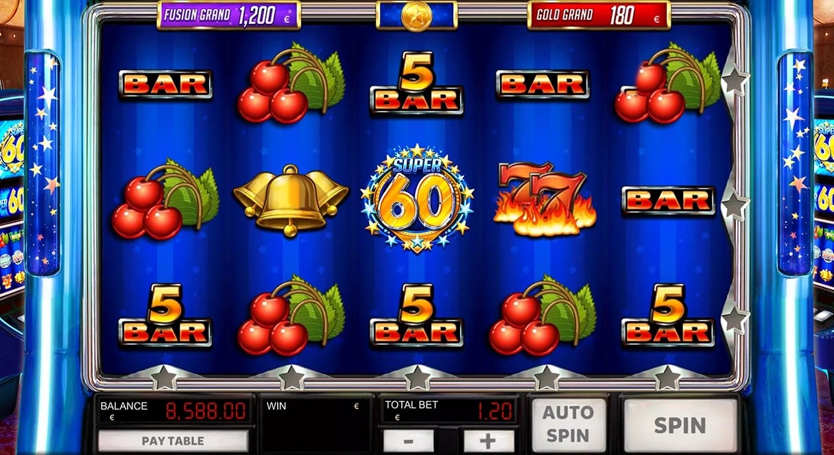 Super 60 Stars: Base field showing a Super 60 Star among conventional bell, seven, fruit and bar symbols.