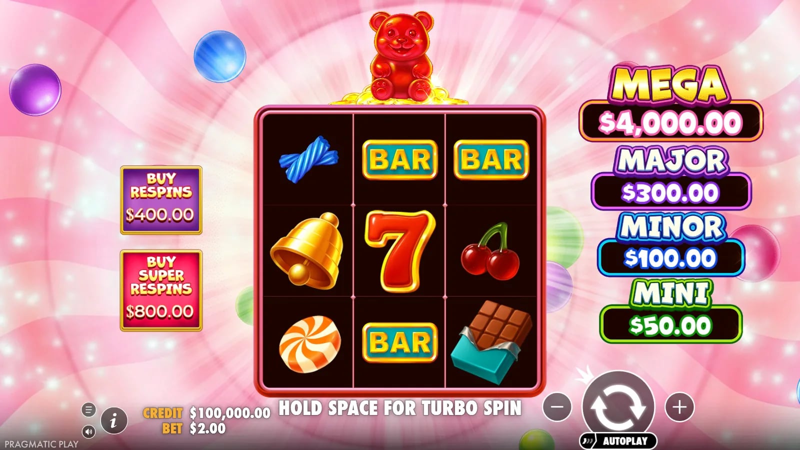 Super Gummy Strike ordinary 3×3 demo board with $2 virtual bet and $400/$800 feature-buy controls.