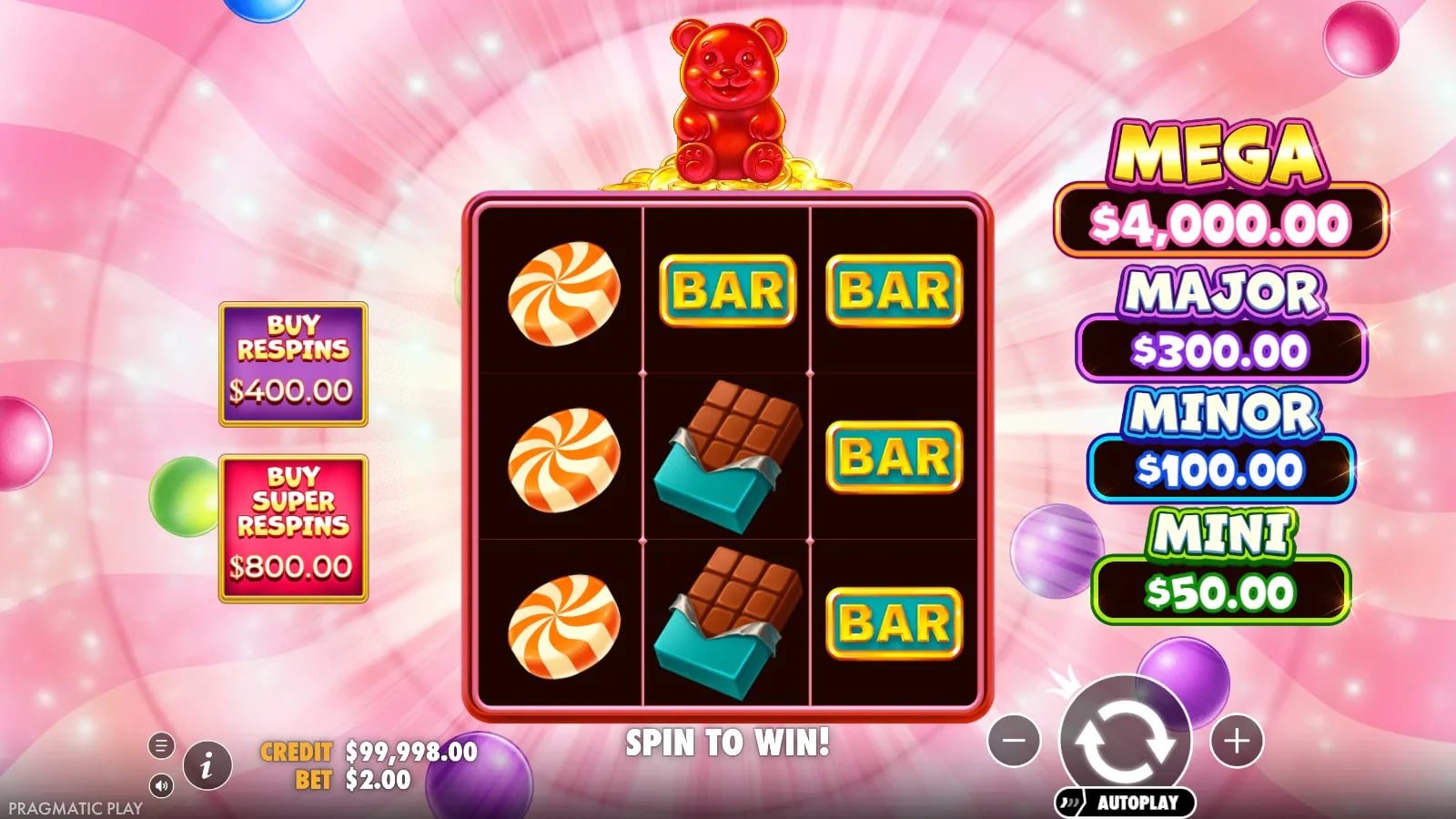 Super Gummy Strike later ordinary 3×3 virtual-credit board with different symbols and no active respin feature.