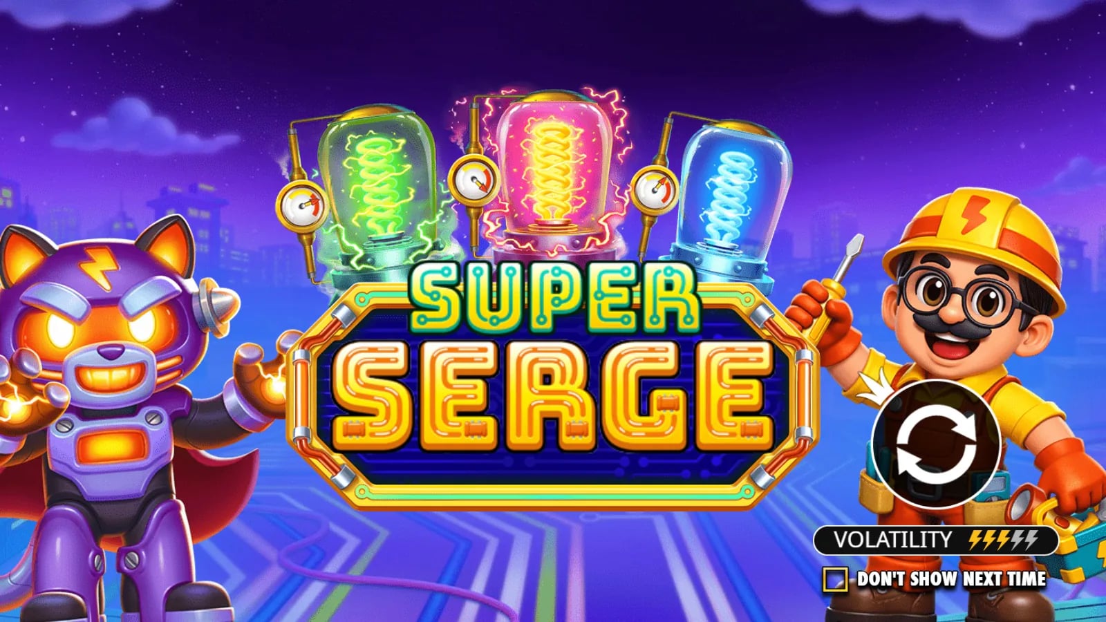 Super Serge official demo intro with the engineer, robot assistant and three charged modifier bulbs