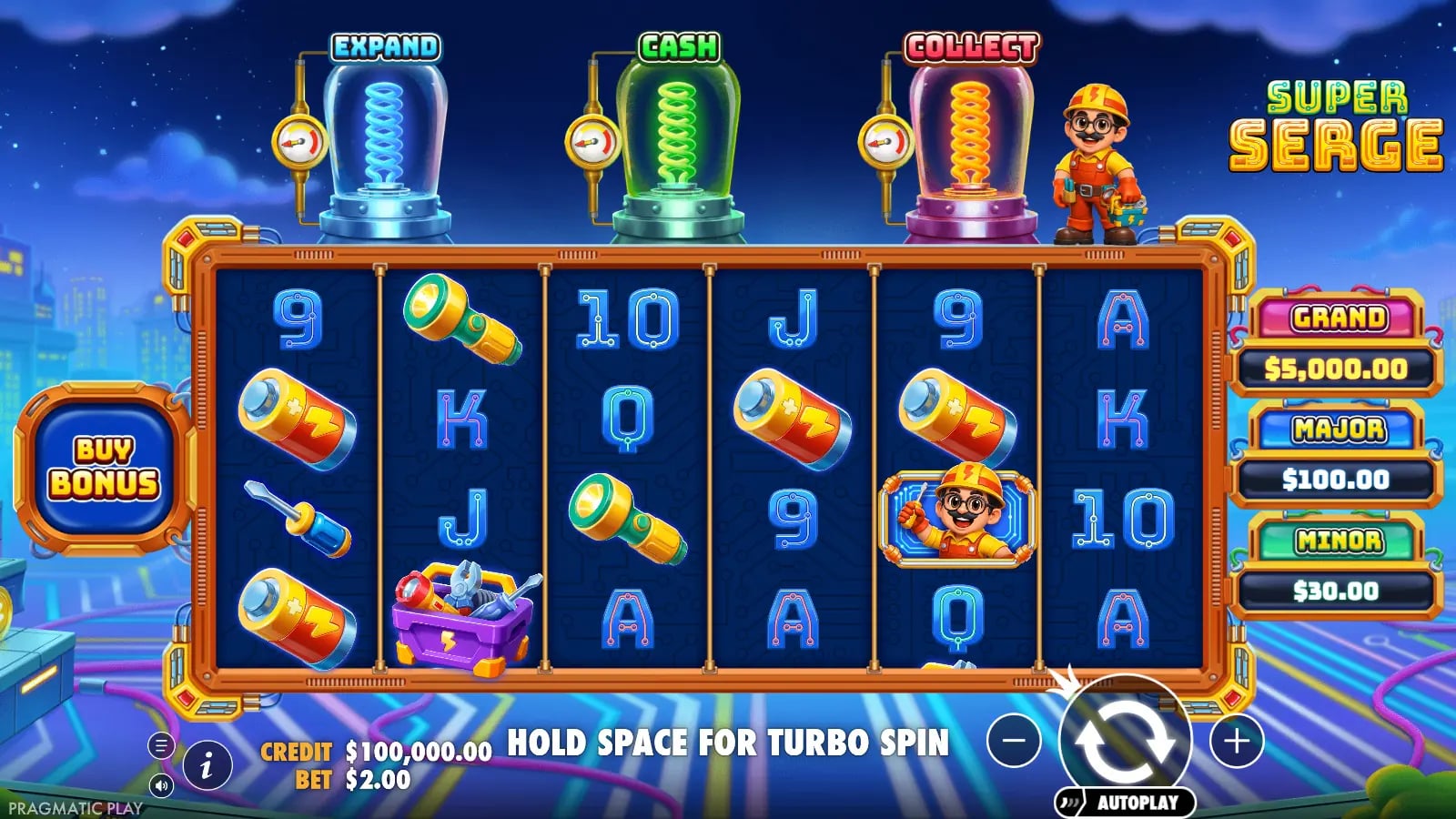 Super Serge base game showing its six-reel workshop grid, Expand, Cash and Collect bulbs and jackpot panel