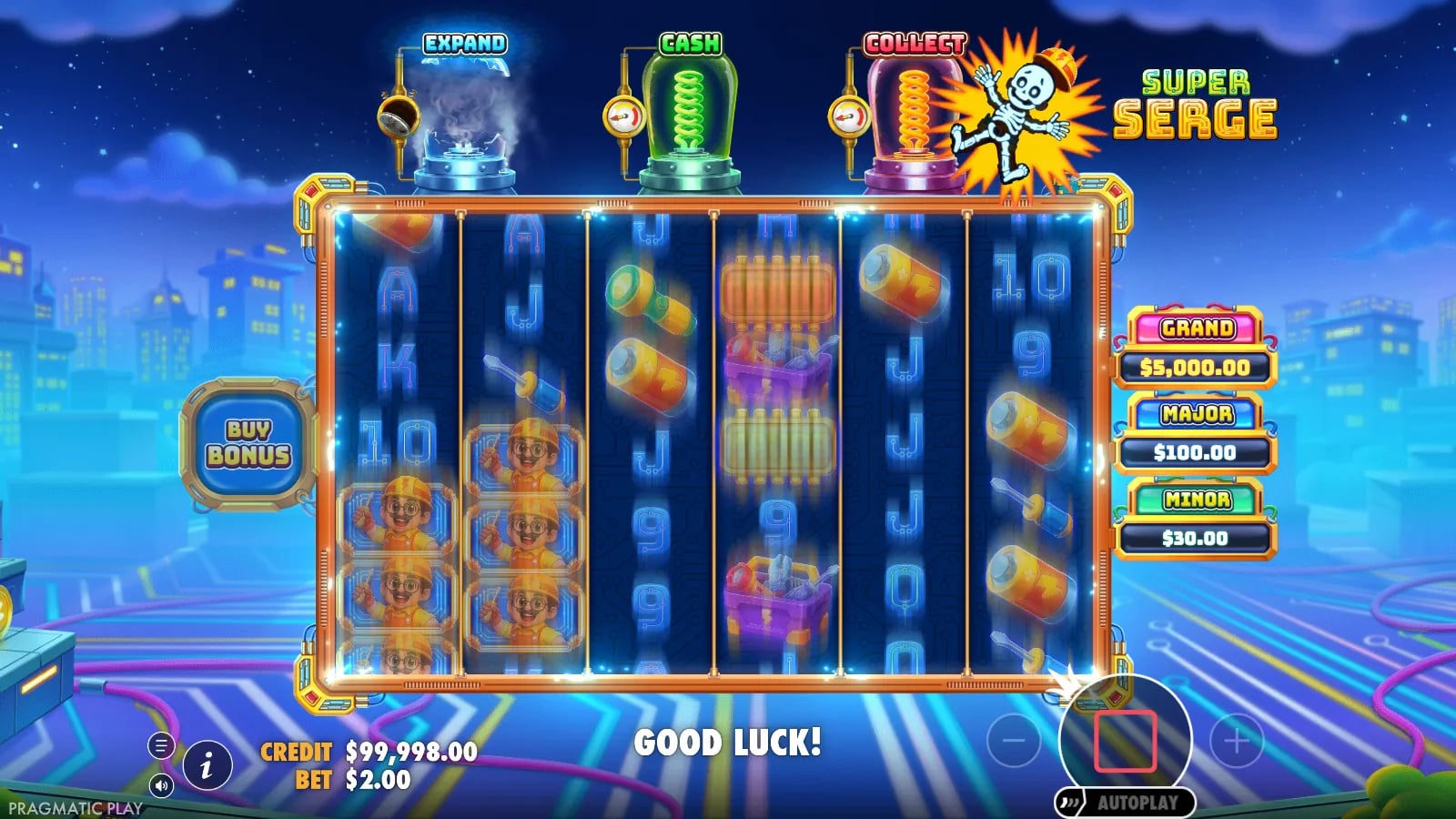 Super Serge settled spin with a Bonus light-bulb symbol and money toolboxes on the expanded workshop grid