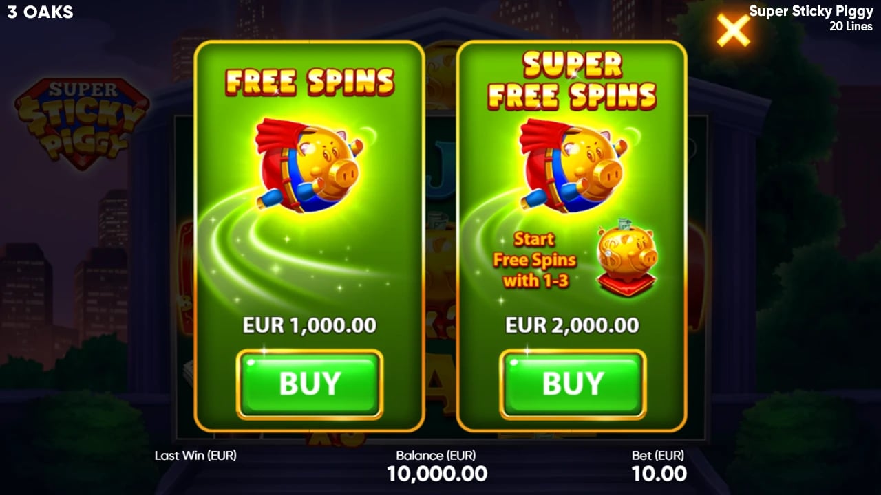Super Sticky Piggy: regular and Super purchase menu at a ten-euro bet