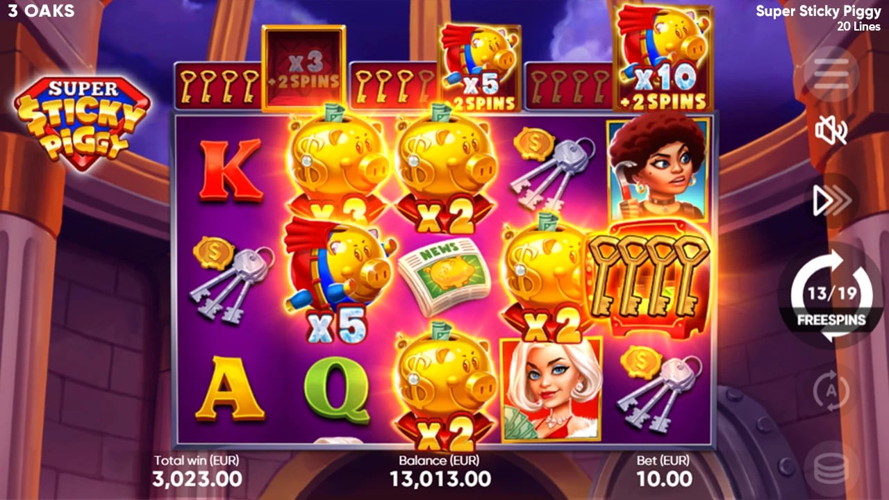 Super Sticky Piggy: Free Spins board with progress levels and both Wild types