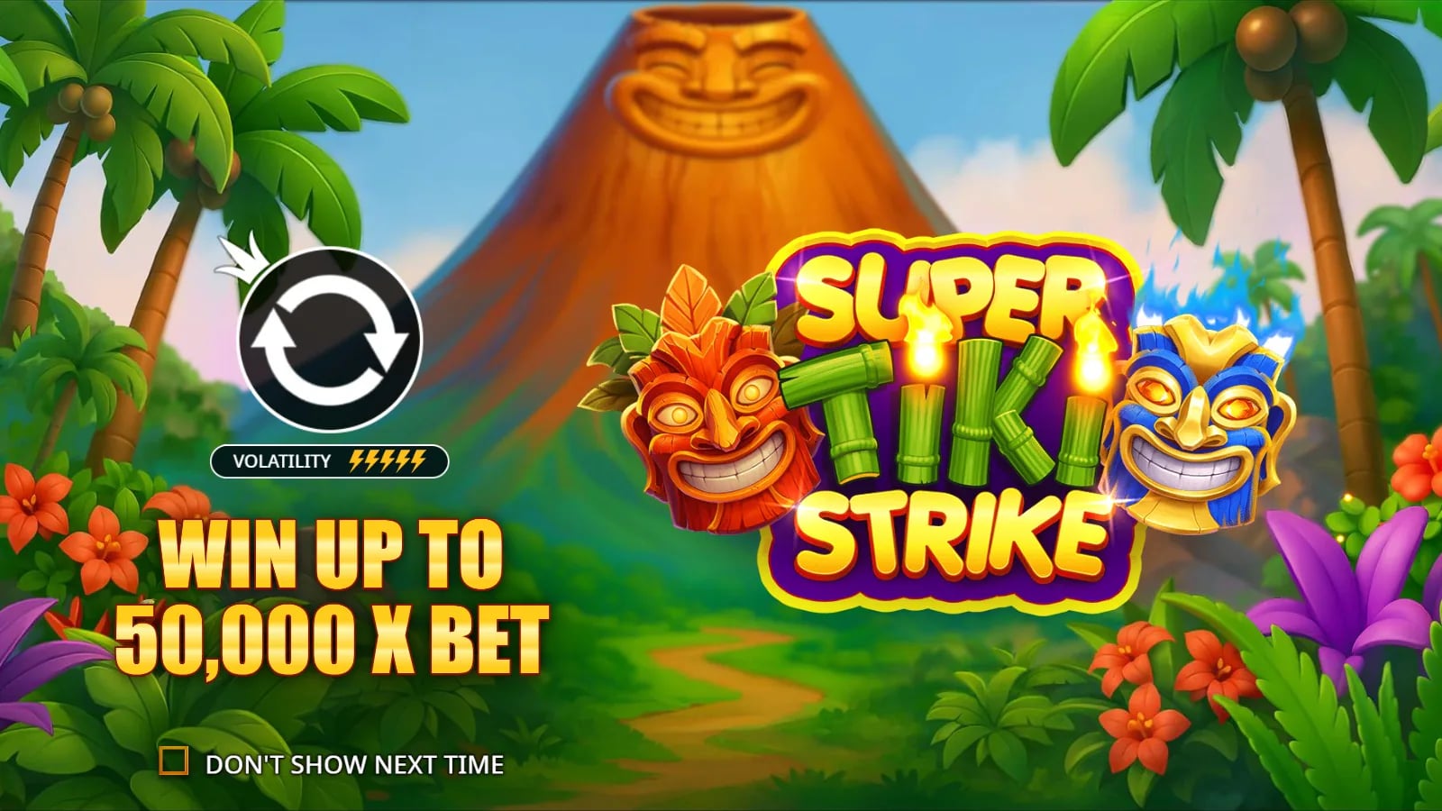 Super Tiki Strike intro screen with tropical masks and 50,000x maximum