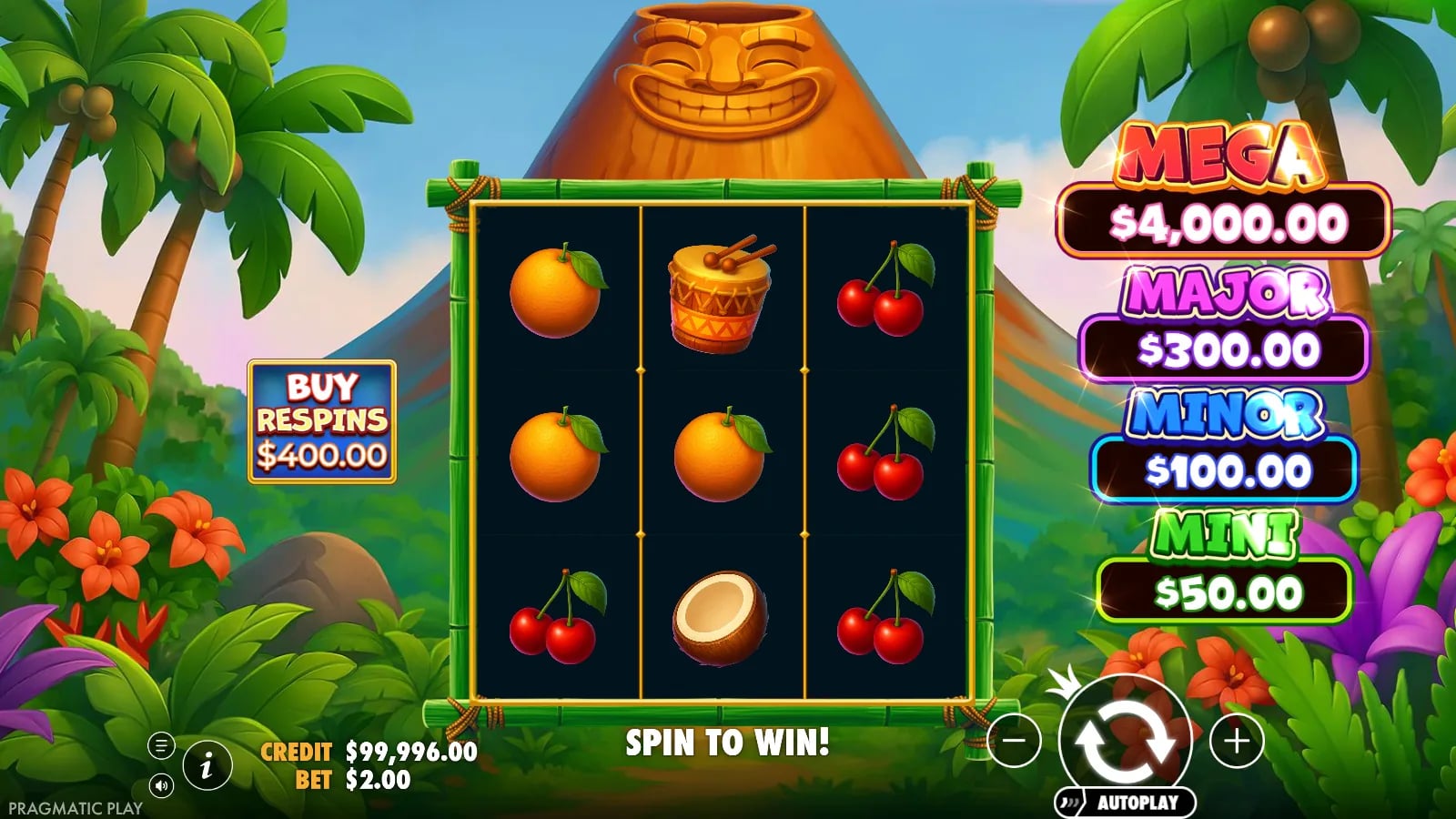 Super Tiki Strike ordinary three-by-three reel grid and jackpot tiers