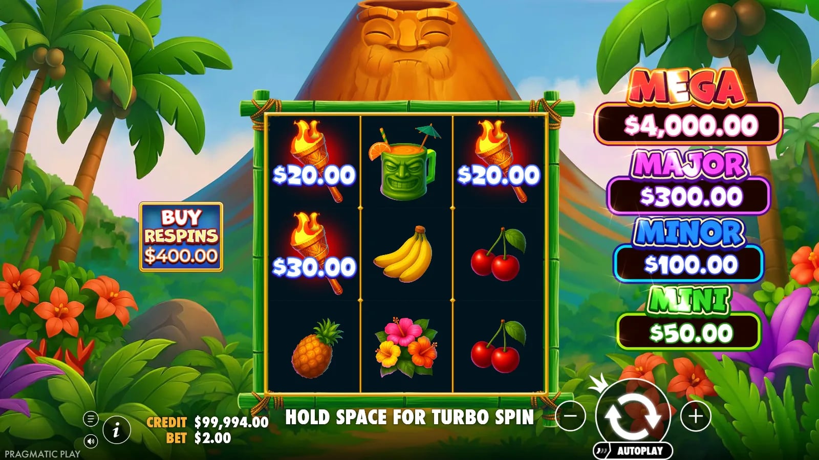 Super Tiki Strike base result with torch money symbols on reel one