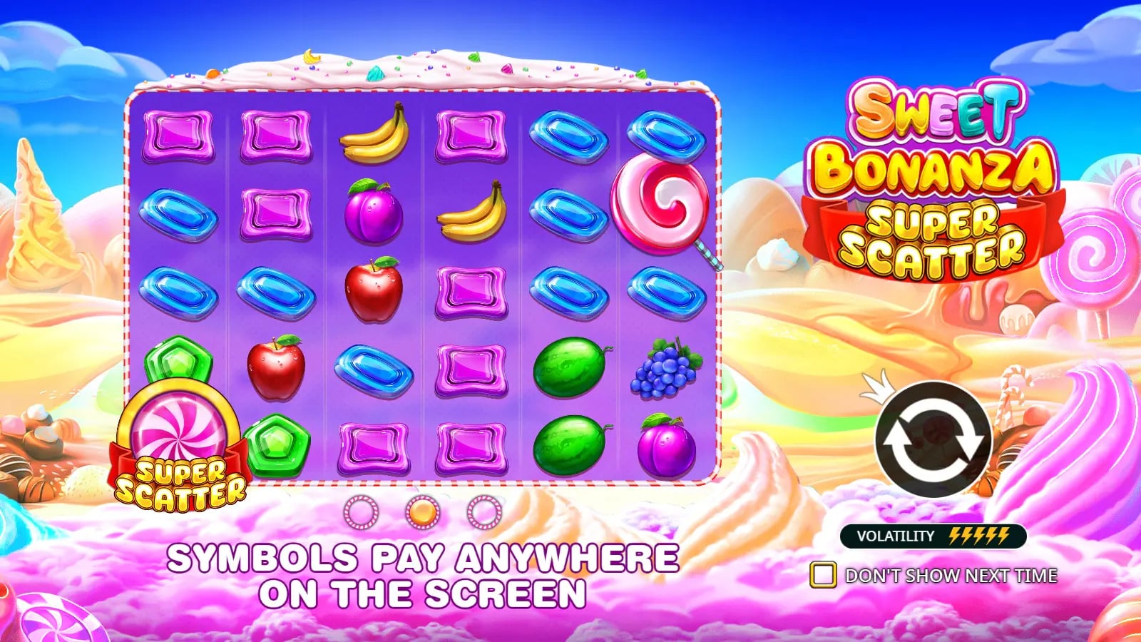 Sweet Bonanza Super Scatter instructional opening with a 6×5 example board and five lit volatility icons, before a photographed playable result.